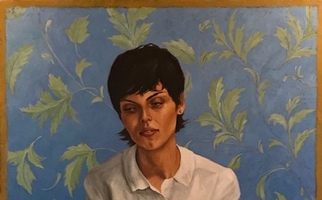 <strong>Sara, white dress</strong> <span class="dims">36x24"</span> oil on linen